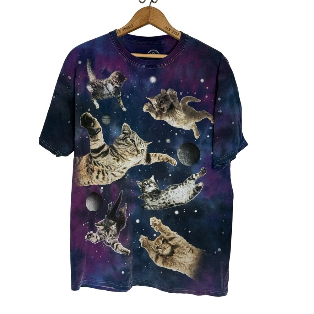 DOM Cats in Space Galaxy Tie-Dye T-Shirt Blue Purple Size Large